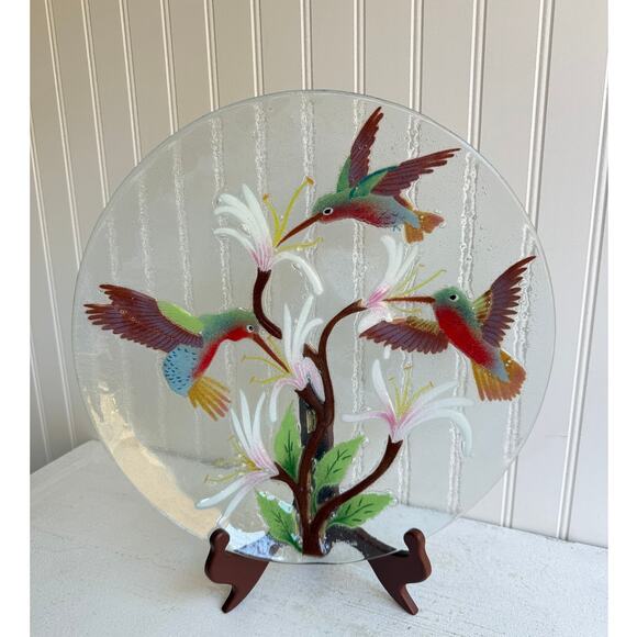 Wm McGrath Hummingbirds Feeding Fused Art Glass Platter Signed Decorative Plate